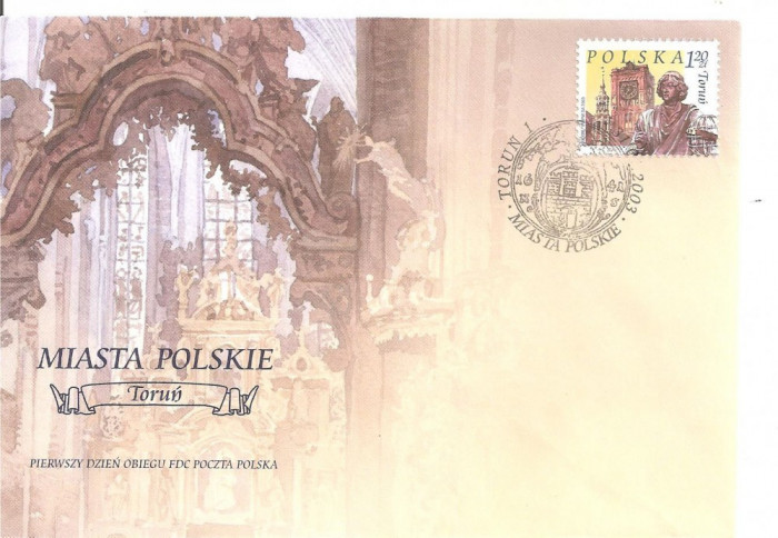 INTREG POSTAL 4886 POLONIA, PLIC PRIMA ZI, FDC, MIASTRA POLSKIE, TORUN, 2003, ARTA, SERIE COMPLETA.