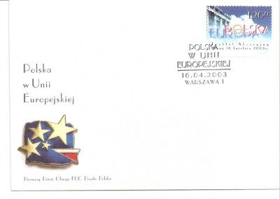 INTREG POSTAL 4884 POLONIA, PLIC PRIMA ZI, FDC, EUROPA UNITA, VARSOVIA, WARSZAWA, 16.04.2003. foto