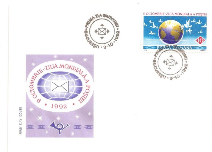INTREG POSTAL 4895 ROMANIA, 9 OCTOMBRIE ZIUA MONDIALA A POSTEI, FDC, PLIC PRIMA ZI, BUCURESTI, 1992.