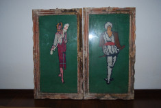 doua tablouri goblen foarte vechi cu vanator si femeia care toarce lana mari foto