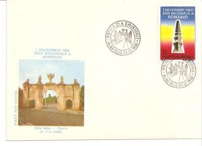 INTREG POSTAL 4890 ROMANIA, 1 DECEMBRIE 1990 ZIUA NATIONALA A ROMANIEI, FDC, PLIC PRIMA ZI, ALBA IULIA. foto