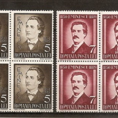 SD Romania 1939 LP130 - 50 ani moarte M.Eminescu, serie 2 val, bloc de 4, MNH