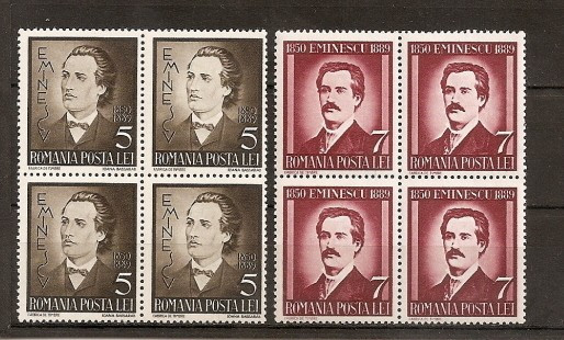 SD Romania 1939 LP130 - 50 ani moarte M.Eminescu, serie 2 val, bloc de 4, MNH