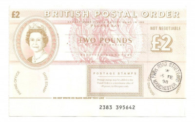 ANGLIA British Postal Order 2 POUNDS LIRE Manchester STAMP 1998 F foto