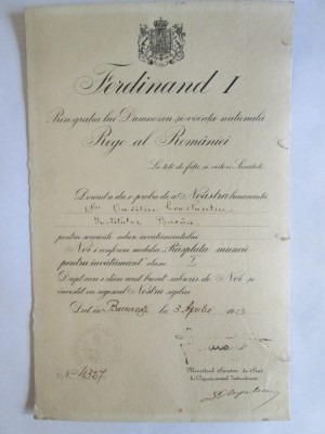 BREVET COPIE FERDINAND PE CARTON 1923:RASPLATA MUNCII PENTRU INVATAMANT CLASA I foto