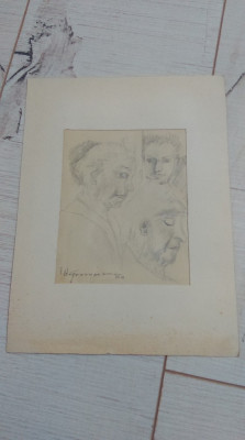 Studiu portret in creion/ semnat I.H. Georgescu/ datat 1950/ cu passepartout foto