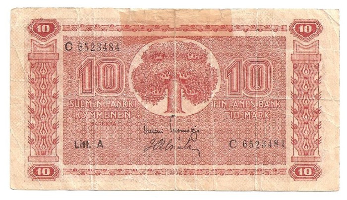 FINLANDA 10 MARKKAA LITT. A 1945 U