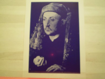 CARTE POSTALA - ROMANIA - JEAN VAN EYCK - OMUL CU TICHIE ALBASTRA - MUZEUL DE ARTA A R. P. R. GALERIA UNIVERSALA, NECIRCULATA . foto