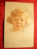 Ilustrata- Portret fetita , semnat , interbelica