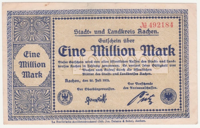 (7) BANCNOTA (NOTGELD) - GERMANIA - AACHEN - 1.000.000 MARK 1923 (20 IULIE 1923)