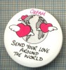 2025 INSIGNA - OXFAM-SEND YOUR LOVE AROUND THE WORLD(TRIMITE DRAGOSTEA TA IN JURUL LUMII)-SIMBOL-INIMI CU ARIPI IN JURUL GLOBULUI-starea care se vede