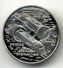 GIBRALTAR 2,8 ECU 1993 EUROTUNEL MONEDA CU DIMENSIUNE MARE STARE EXCELENTA foto