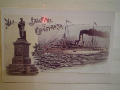 CARTE POSTALA - ROMANIA - CONSTANTA - STATUIA LUI OVIDIU SI MOTONAVA REGELE CAROL I - REPRODUCERE DUPA UN ORIGINAL DE COLECTIE . foto