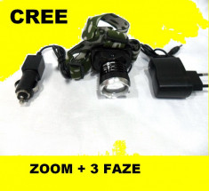 CREE LED Lanterna de cap FRONTALA Profesionala cu Lupa + Zoom + 3 Faze + Incarcator Retea + Auto foto