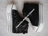 SNEAKERS STRALUCITORI BASCHETI NEGRI DAMA PLATFORMA GHETE TALPA TRIPLA PAIETE, 38, 39