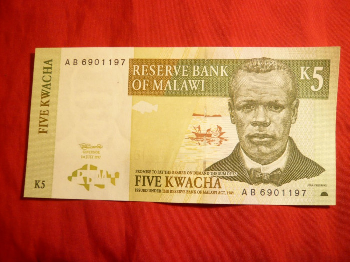 Bancnota 5 K verde 1997 Malawi , cal.NC