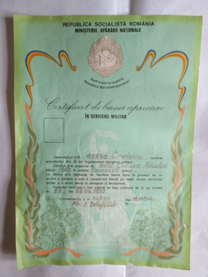 CERTIFICAT DE BUNA APRECIERE IN SERVICIUL MILITAR 1982 foto