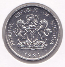 Moneda Nigeria 1 Naira 1991 - KM#14 aUNC (in holder de carton autoadeziv) foto