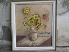 Vaza cu flori galbene , ulei pe panza foto