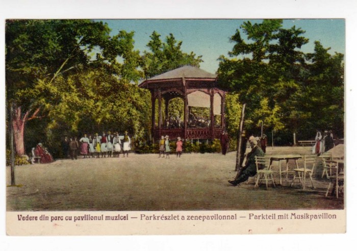 BUZIAS VEDERE DIN PARC CU PAVILIONUL MUZICAL ,PORT POPULAR,UJHELLY,BAILE BUZIAS
