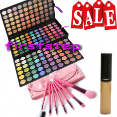 Oferta trusa machiaj 180 culori MAC paleta farduri + fond de ten anticearcan camuflaj corector MAC selectmoisture cover + set 7 pensule make up Megaga foto