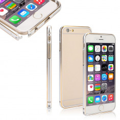 Bumper argintiu cu marine aurie din aluminiu pentru iphone 6 + plus si folie protectie ecran si cablu date foto
