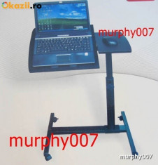 Masuta laptop reglabila pe inaltime si blat de lemn- Mini birou ajustabil cu roti, masa laptop tip birou foto