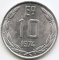 Chile 10 Escudos 1974 KM-200 UNC !!! foto