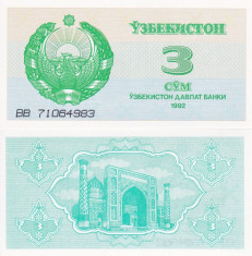 UZBEKISTAN 3 sum 1992 UNC!!! foto