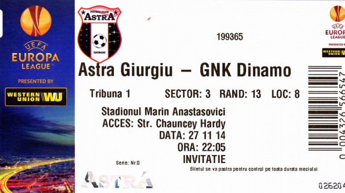 Bilet meci fotbal ASTRA GIURGIU - DINAMO ZAGREB 27.11.2014