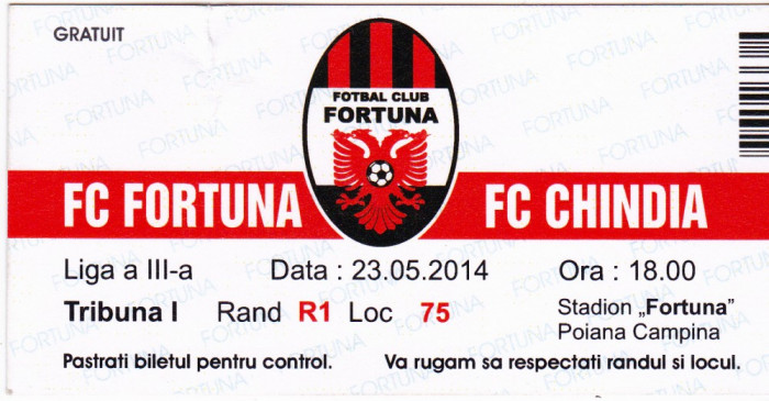 Bilet meci fotbal FC Fortuna Campina - FC Chindia Targoviste 23.05.2014