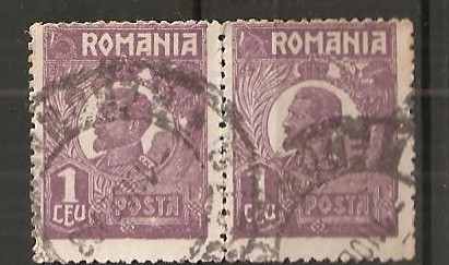 TIMBRE 106t, ROMANIA, 1920, FERDINAND BUST MIC, 1 LEU, EROARE, CULOARE AGLOMERATA JOS, PERECHE, CURIOZITATE SPECTACULOASA, ERORI, ECV, ATIPICE.