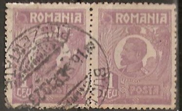 TIMBRE 106s, ROMANIA, 1920, FERDINAND BUST MIC, 1 LEU, EROARE, CULOARE AGLOMERATA JOS, PERECHE, CURIOZITATE SPECTACULOASA, ERORI, ECV, ATIPICE. foto