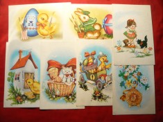 Set 7 Ilustrate- Felicitari Pasti -marca fixa gri stema, anii &amp;#039;60 foto