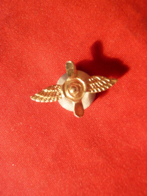 Insigna mica Aviatie ,cu buton ,L= 2,1 cm ,metal auriu foto