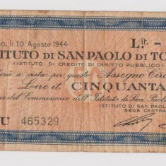 Bancnota - Cec de 50 lire, circulat in perioada WWII, emis in Italia, 1944, RAR