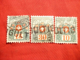 3 Timbre Porto 1910 ,stema cu numar ,Elvetia ,stamp. liniara