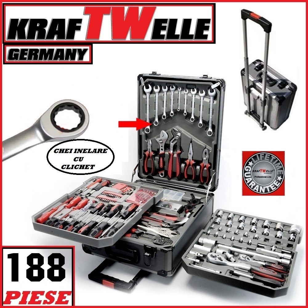 Trusa Scule Universala Chei/Tubulare/Clichet KRAFTWELLE Germany -  Professional Line - 188 PIESE | arhiva Okazii.ro