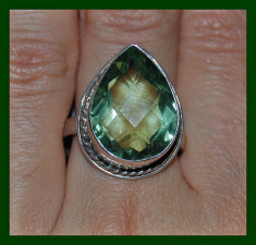 imens! inel stralucitor argint 925 cu piatra semipretioasa verde, pear cut , model piatra adanca!!!! foto