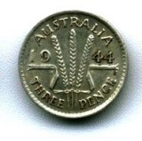 AUSTRALIA THREE 3 PENCE 1944 LITERA S ARGINT STARE AUNC