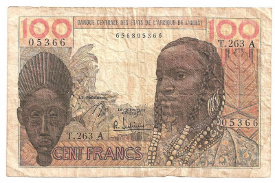AFRICA DE VEST WEST AFRICAN STATES COASTA DE FILDES 100 FRANCS ND (1959-64) F foto