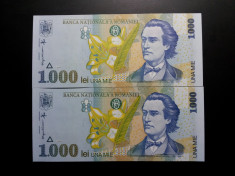 2 X 1000 Lei 1998 Romania UNC, Filigran mic, SERII CONSECUTIVE foto