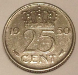G7. OLANDA 25 CENTS CENTI 1950, 3 g., Nickel, 19 mm, Juliana **
