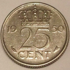 G7. OLANDA 25 CENTS CENTI 1950, 3 g., Nickel, 19 mm, Juliana **