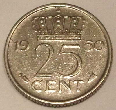 G7. OLANDA 25 CENTS CENTI 1950, 3 g., Nickel, 19 mm, Juliana ** foto