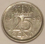 G7. OLANDA 25 CENTS CENTI 1980, 3 g., Nickel, 19 mm, Juliana **