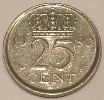 G7. OLANDA 25 CENTS CENTI 1980, 3 g., Nickel, 19 mm, Juliana ** foto