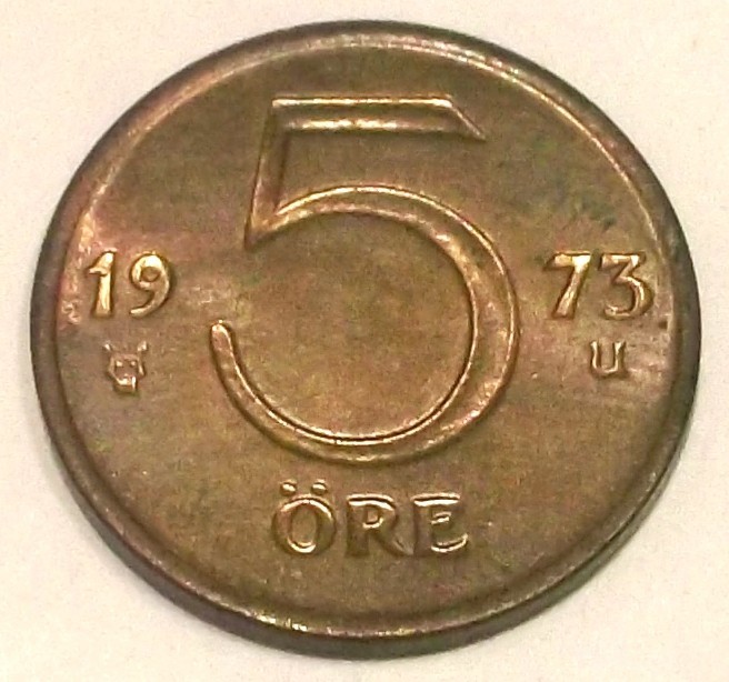 G7. SUEDIA 5 ORE 1973, 2.70 g., Bronze, 18 mm, Gustaf VI, XF / AUNC **