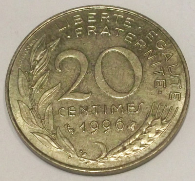 G7. FRANTA 20 CENTIMES 1996, 4 g., Aluminum-Bronze, 23.5 mm XF ** foto