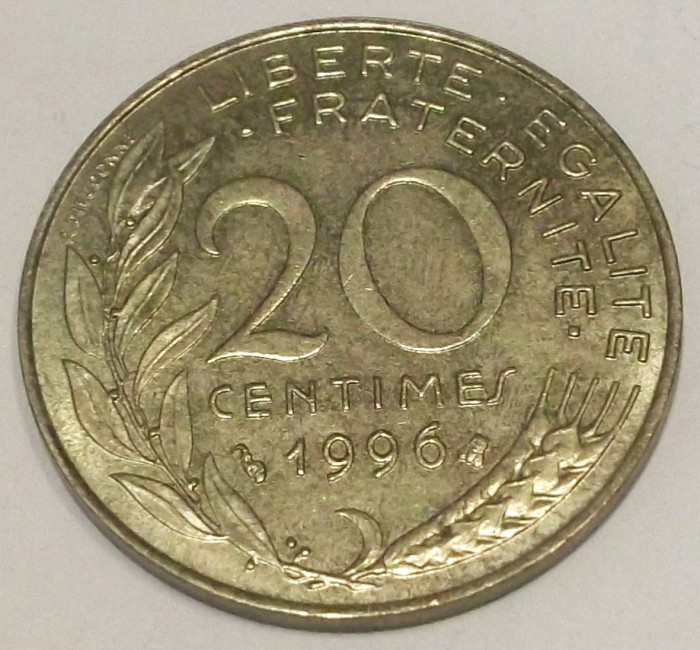G7. FRANTA 20 CENTIMES 1996, 4 g., Aluminum-Bronze, 23.5 mm XF **